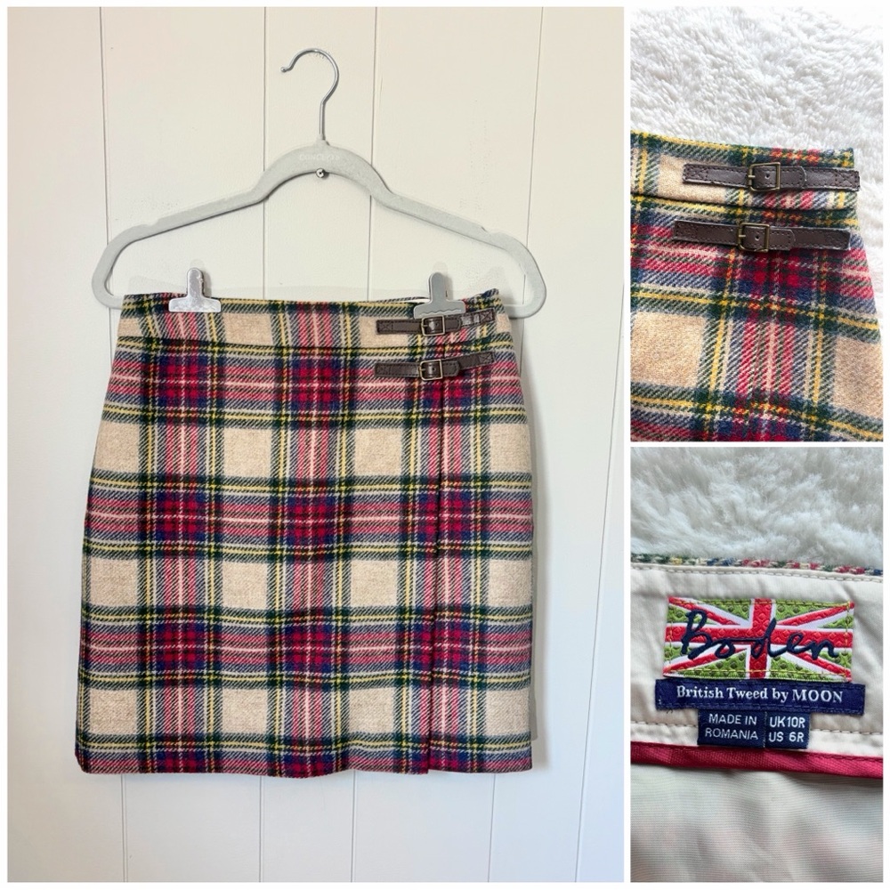 Boden Plaid Mini Skirt British Tweed by Moon Buckle Tan Red 100% Wool Size US 6